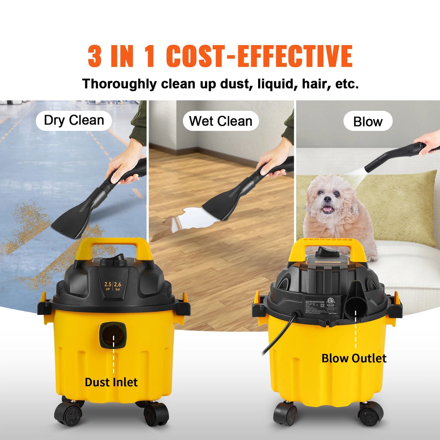 SucceBuy Wet Dry Vac 2.6 Gallon  3 in 1 Portable Shop Vacuum
