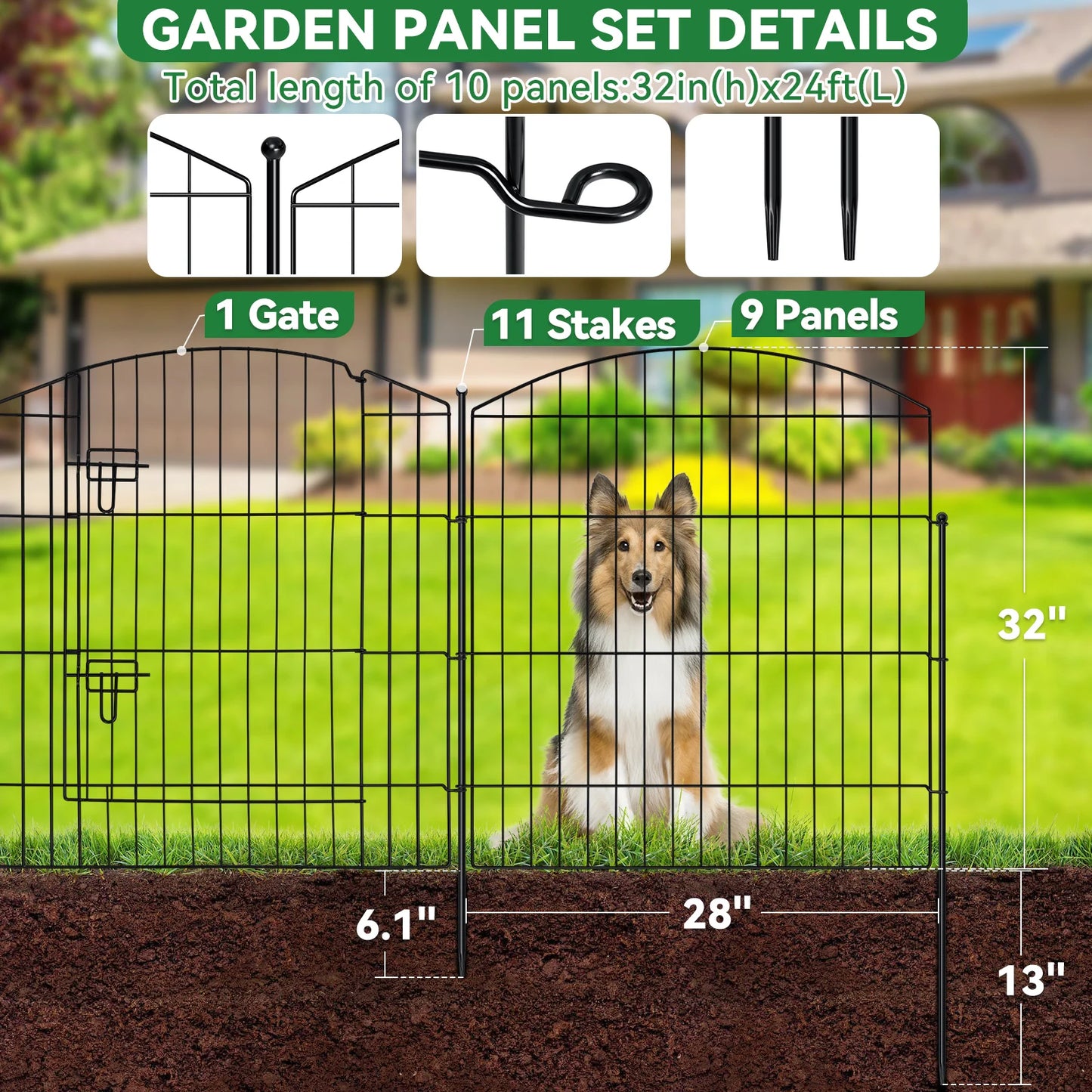 No Dig Decorative Garden Fence with Gate 32in (H) x 24ft (L), Temporary Dog Fencing