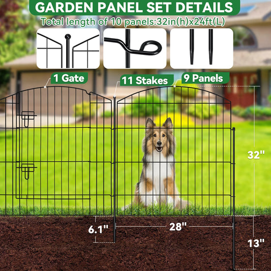 No Dig Decorative Garden Fence with Gate 32in (H) x 24ft (L), Temporary Dog Fencing