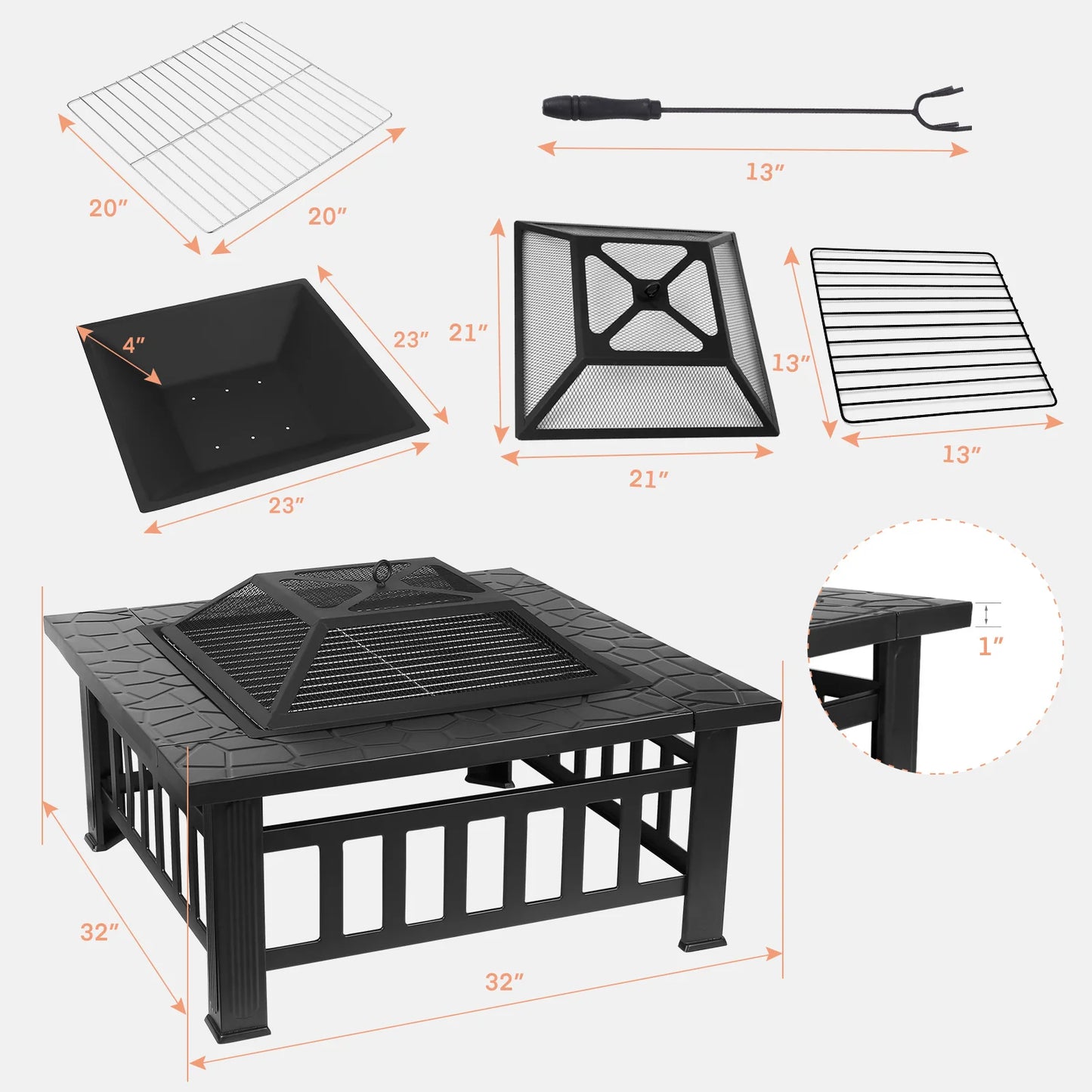 AOOU Steel Fire Pits for Outside, 32'' Square Wood Burning Table Patio BBQ