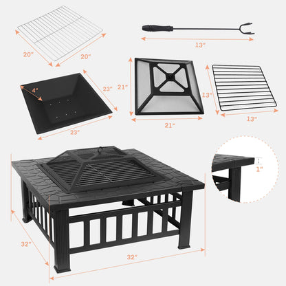 AOOU Steel Fire Pits for Outside, 32'' Square Wood Burning Table Patio BBQ