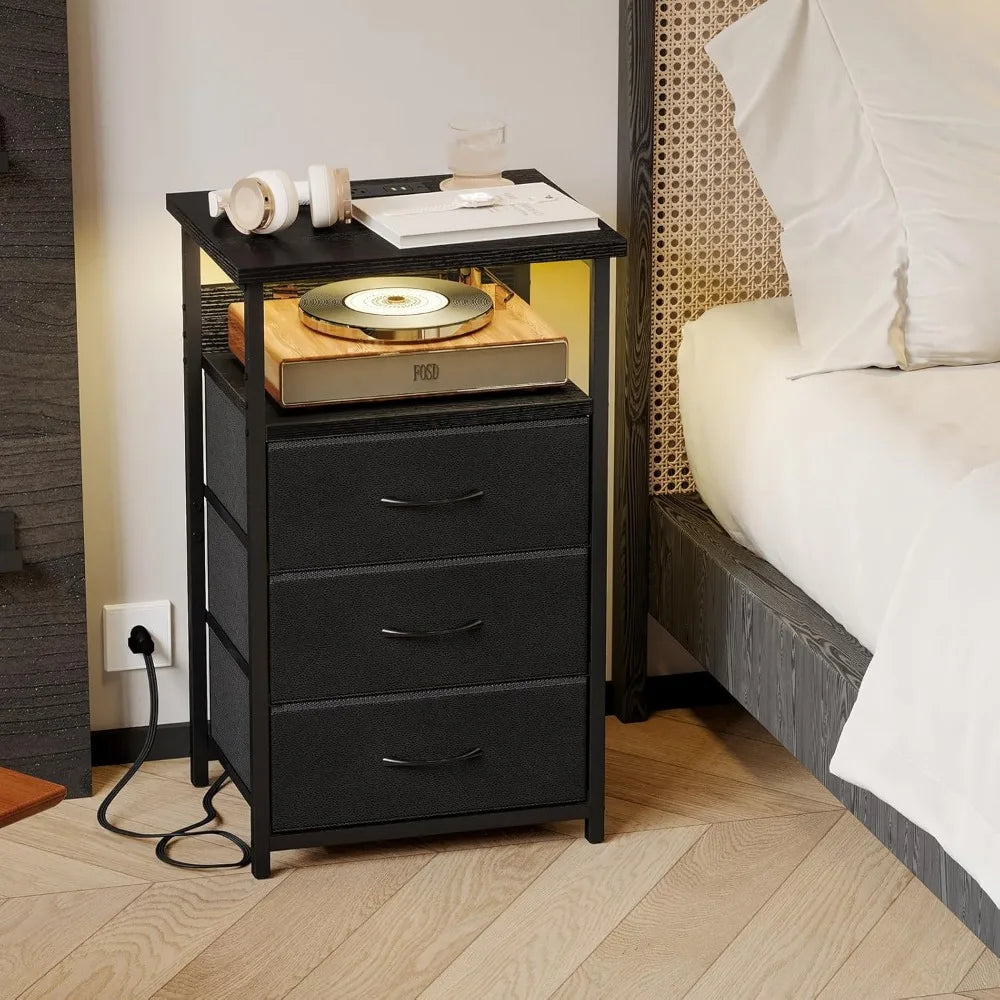 LED Nightstand with Charging Station, USB Ports,  Lighting, Black
