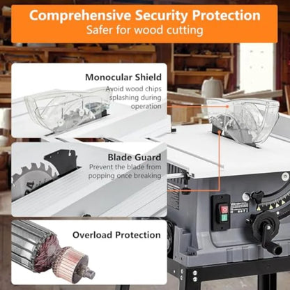 Table Saw 10 Inch 15 Amp 5000RPM Powerful Tablesaw With Stand and Protective Cover 36 X 25 Inch Tabletop Saw 90° Cro
