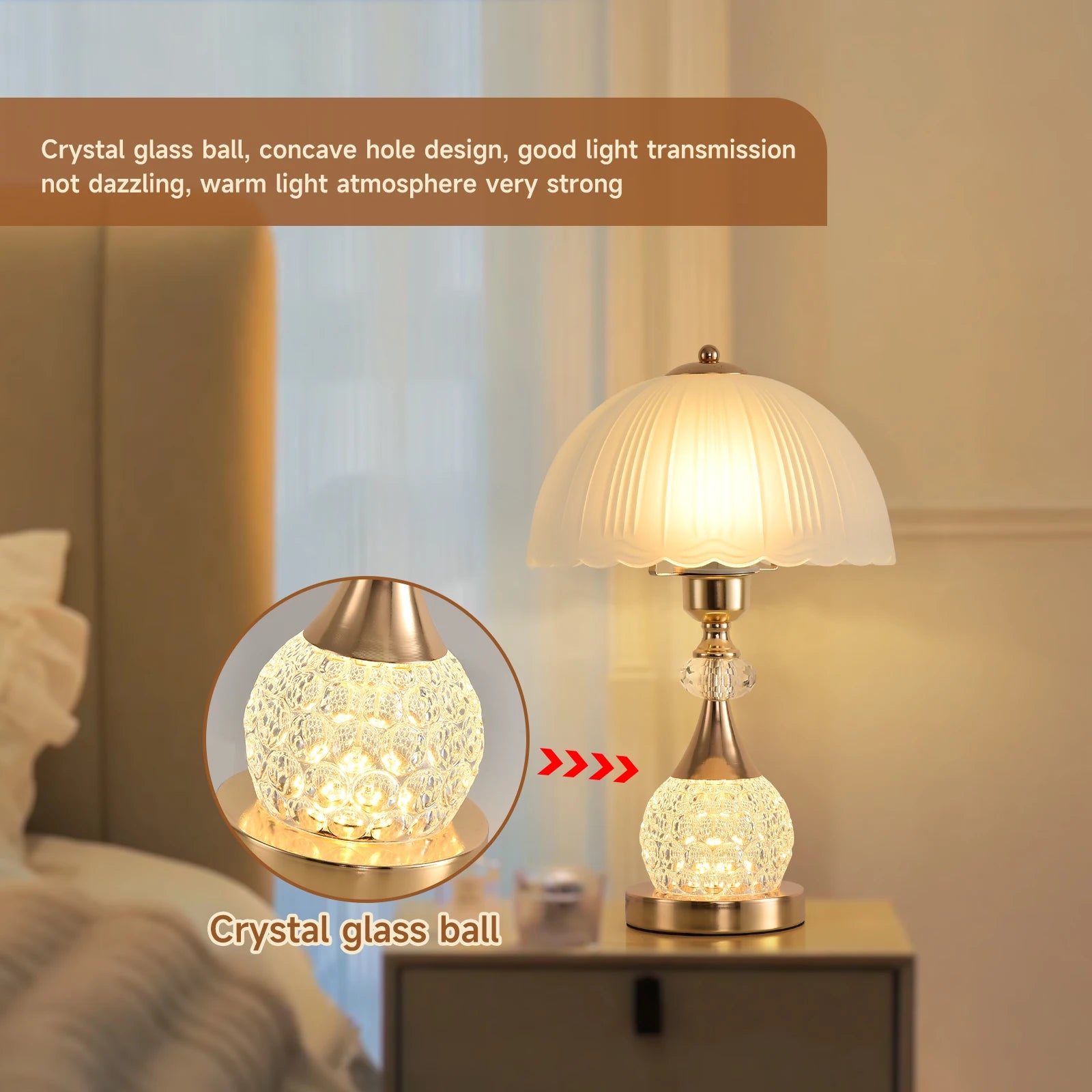“dutcheshomeliving bedside table lamp crystal petal push button switch”