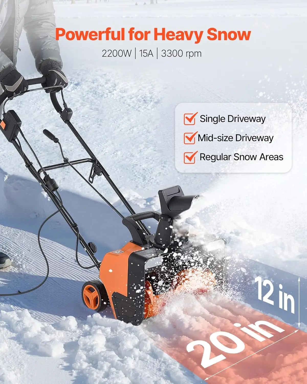 20-Inch Electric Snow Blower with LED Lights Adjustable Chute for Driveway and Sidewalk