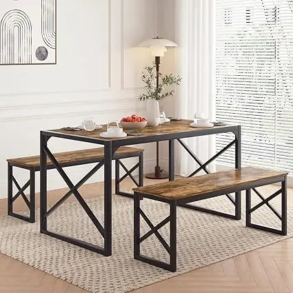 Wooden Dining Table with Metal Frame Two Benches