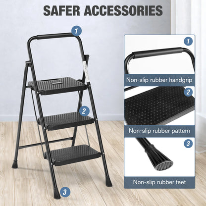 JHK Folding 2/3 Step Ladder Stool with Anti-Slip Pedal 800lbs Capacity Sturdy Steel