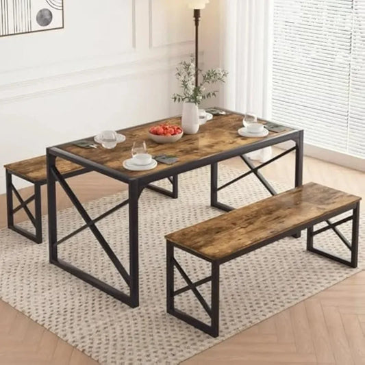 Wooden Dining Table with Metal Frame Two Benches