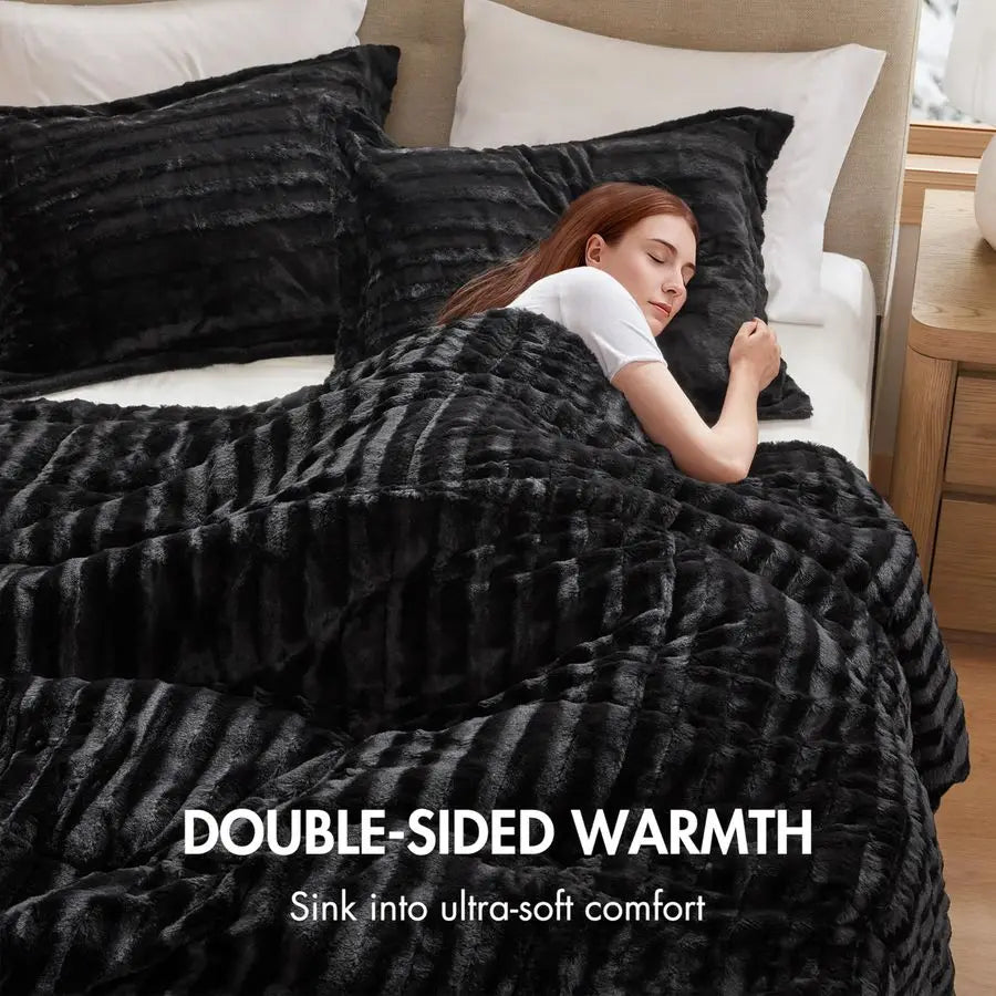 Faux Fur Reversible Comforter Set, Down  with Matching Shams,