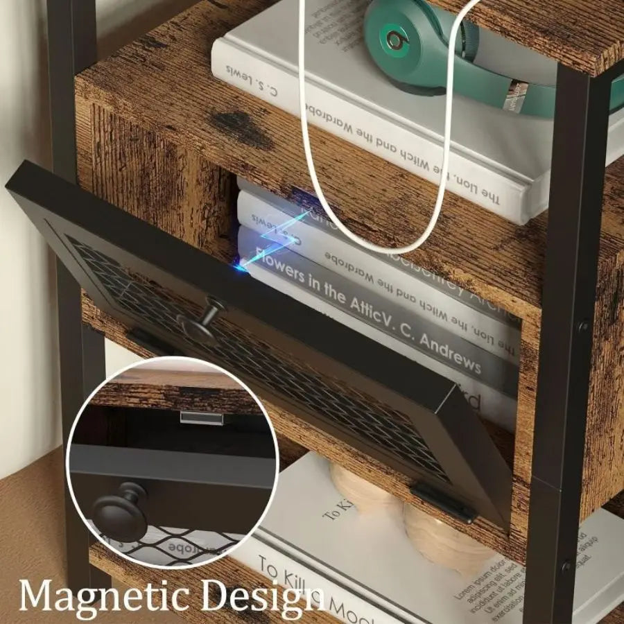 Side Tables with Charging Station and Drawer Set of 2 Night Stands with USB Ports