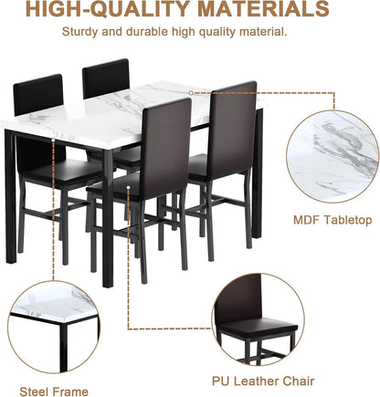 Dining Room Sets Faux Marble Table with 4 Leather Chairs