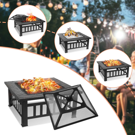 AOOU Steel Fire Pits for Outside, 32'' Square Wood Burning Table Patio BBQ