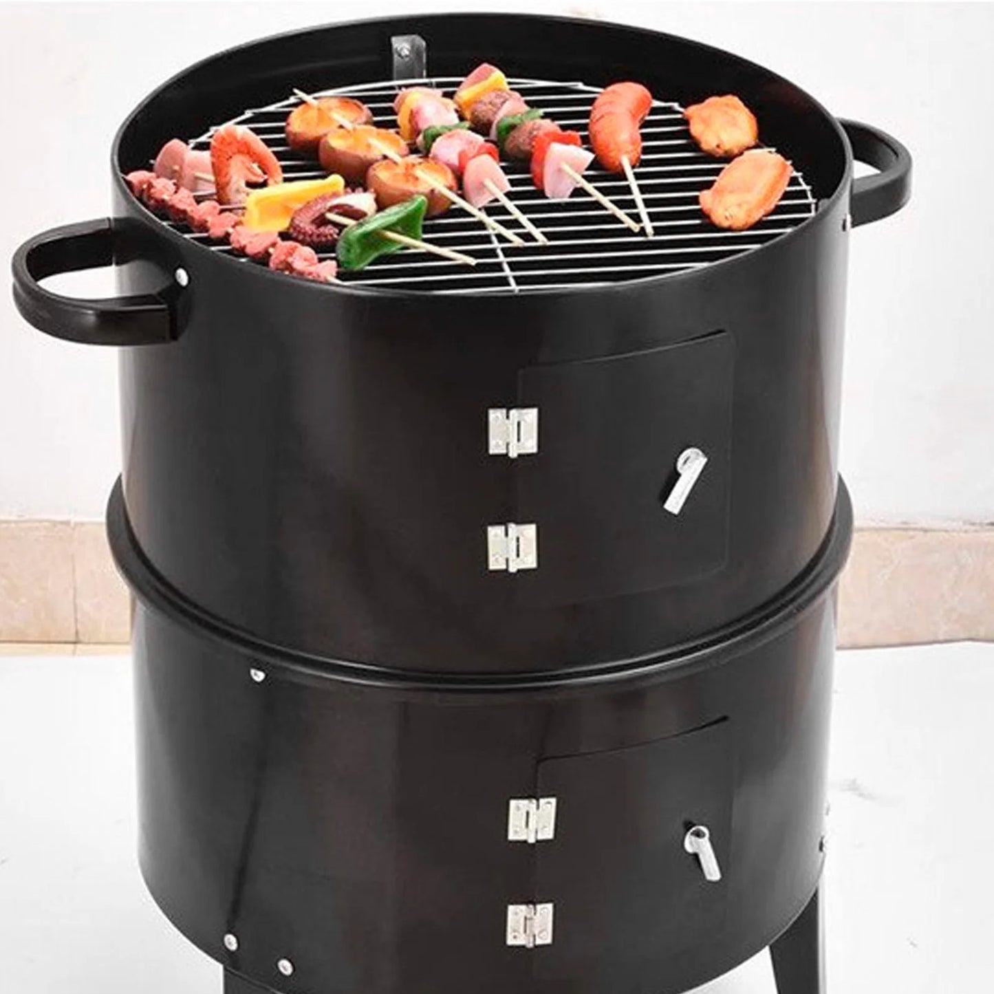 Vertical Charcoal Smoker 3 in 1 3 Layer Grill Barbecue with Thermometer