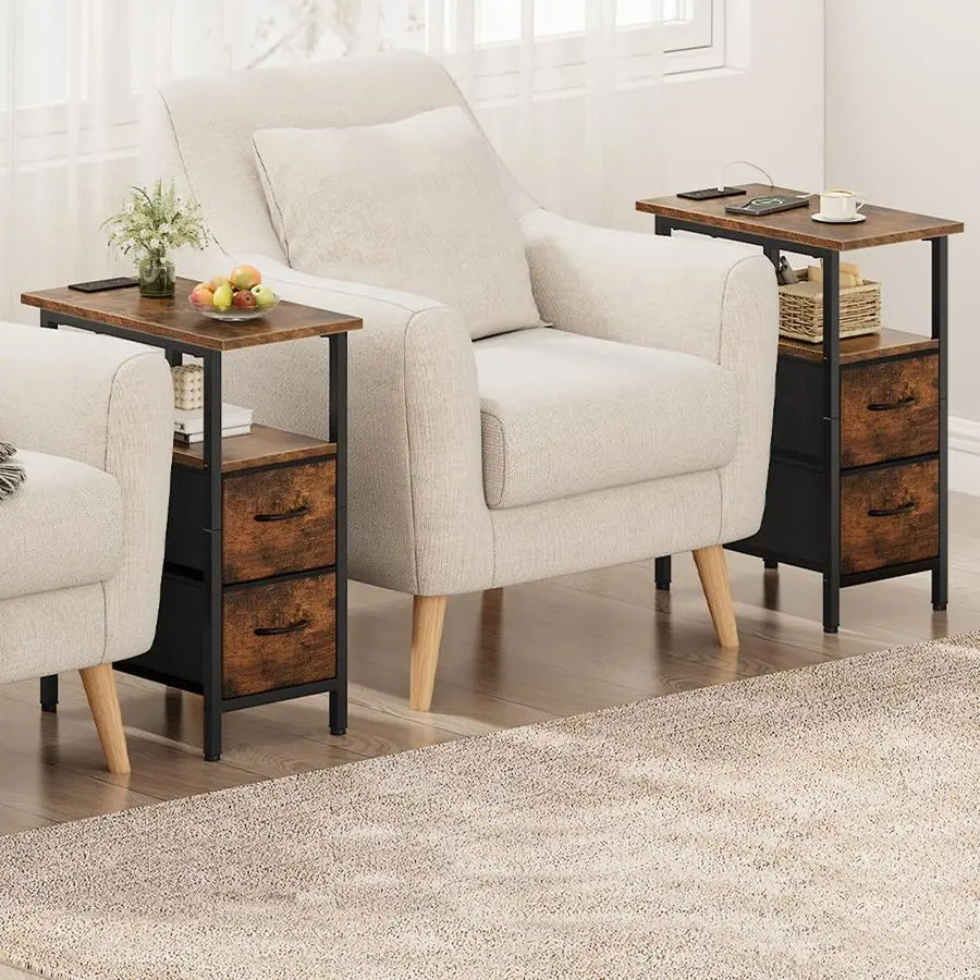 End Table with Charging Station Set of 2, Narrow Side Table, 23.8 Tal