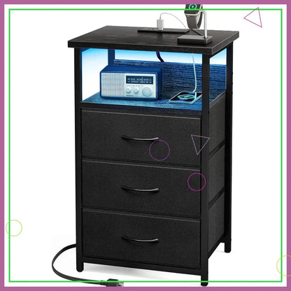 LED Nightstand with Charging Station, USB Ports,  Lighting, Black