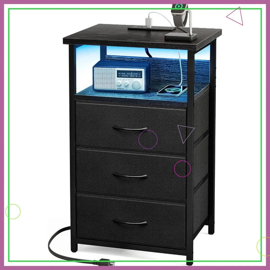 LED Nightstand with Charging Station, USB Ports,  Lighting, Black