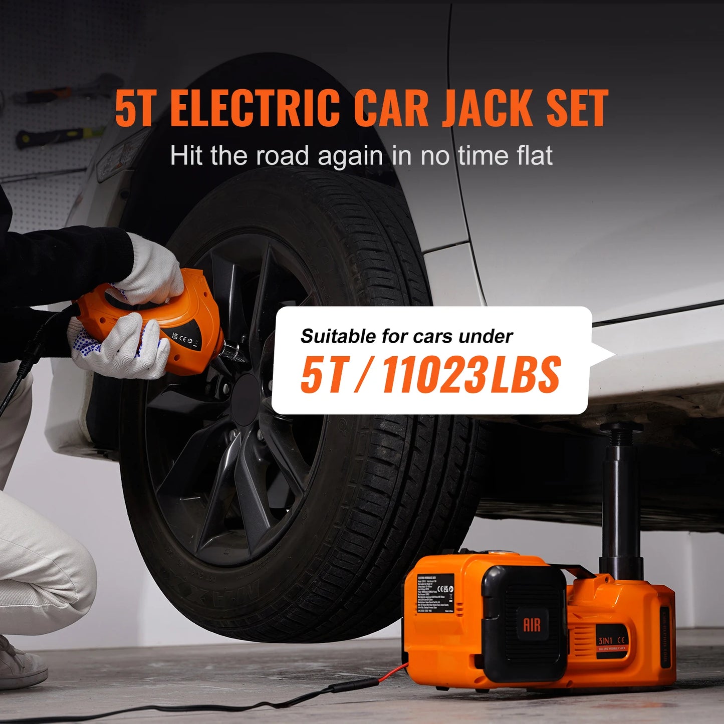 SucceBuy 5T Electric Car Jack Hydraulic  with Electric Impact Wrench Built-in Inflatable Pump, LED Light