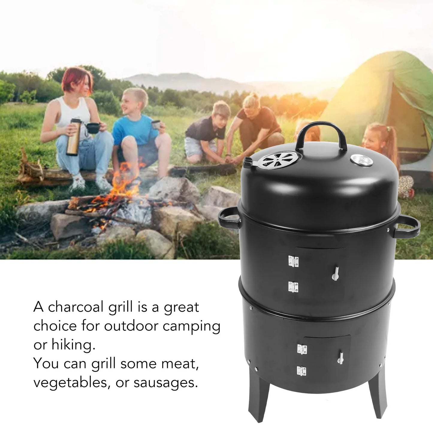 Vertical Charcoal Smoker 3 in 1 3 Layer Grill Barbecue with Thermometer