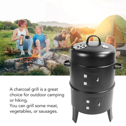 Vertical Charcoal Smoker 3 in 1 3 Layer Grill Barbecue with Thermometer