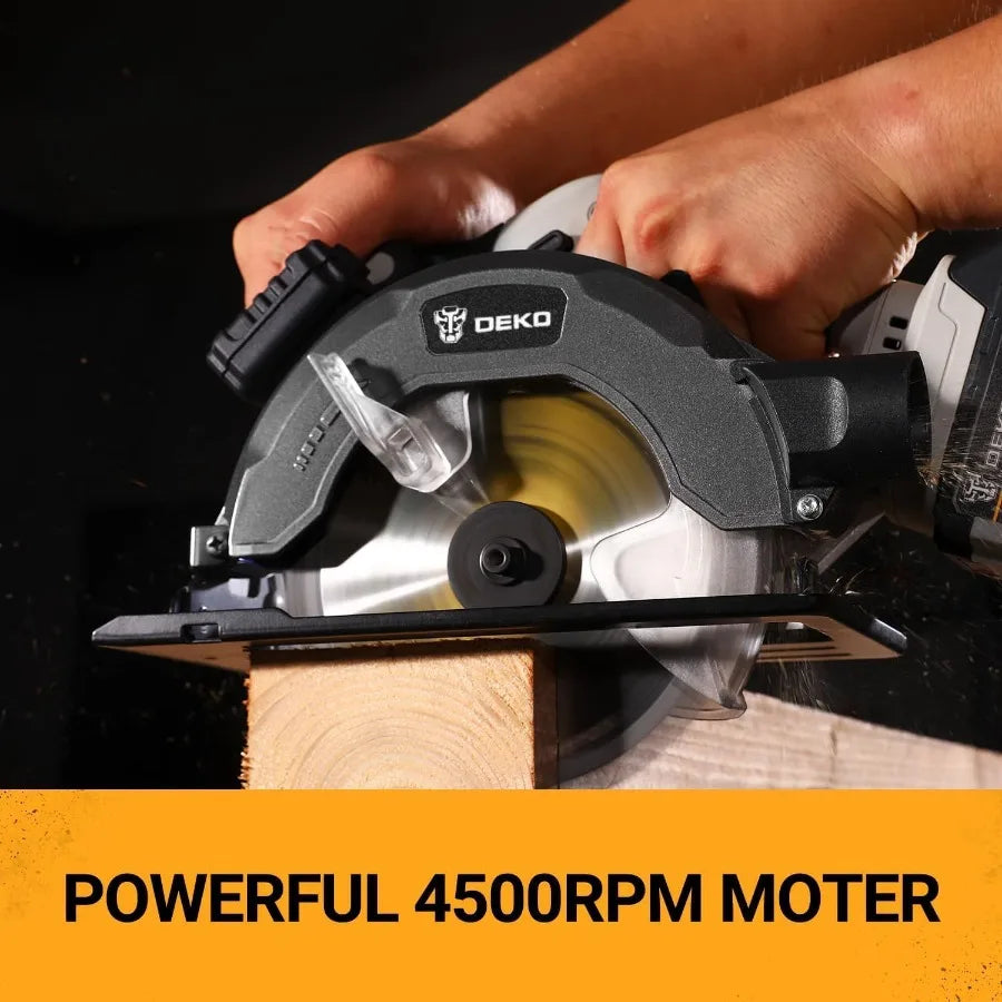 Dutcheshomeliving 20V cordless circular saw cutting through wood with powerful 4500RPM motor.