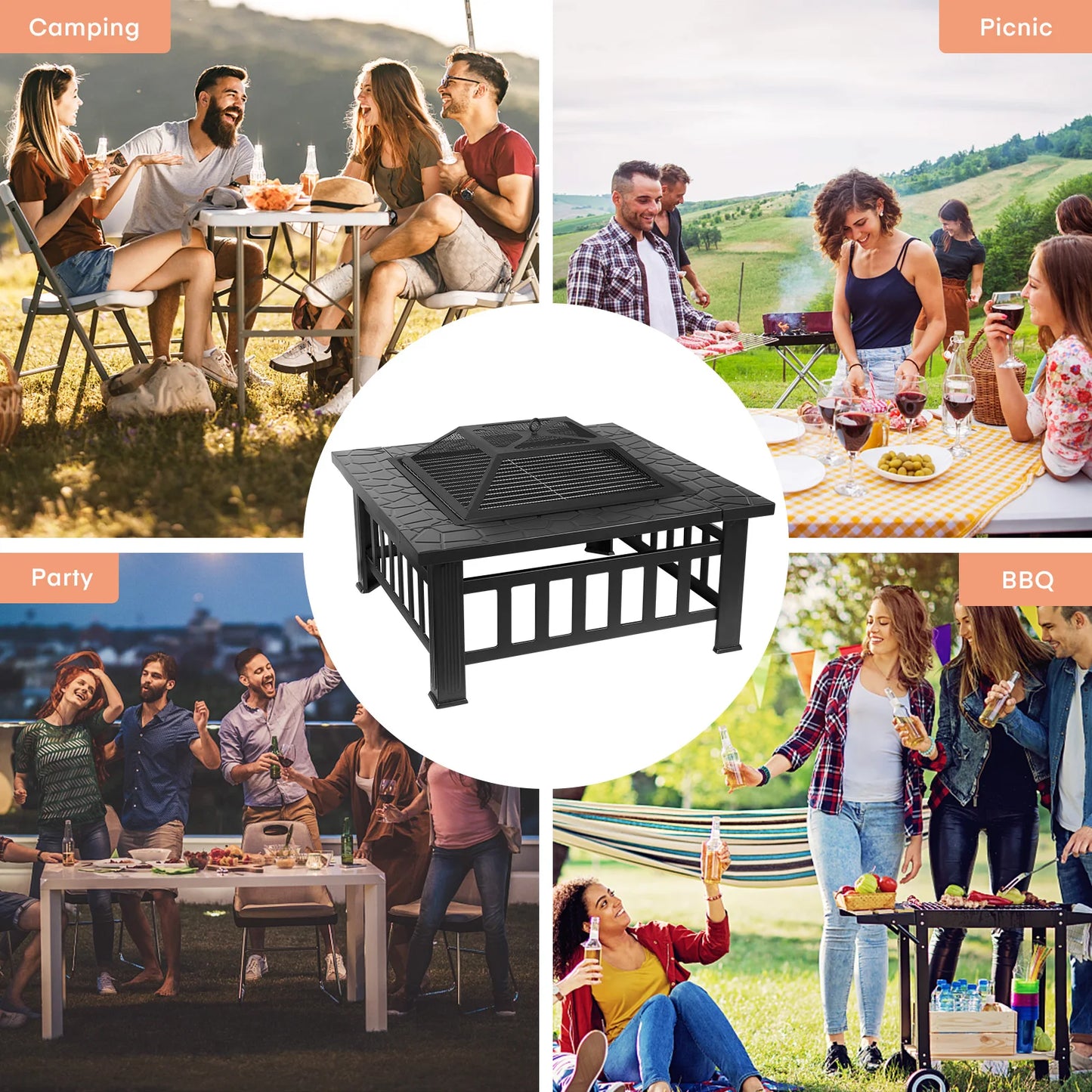 AOOU Steel Fire Pits for Outside, 32'' Square Wood Burning Table Patio BBQ