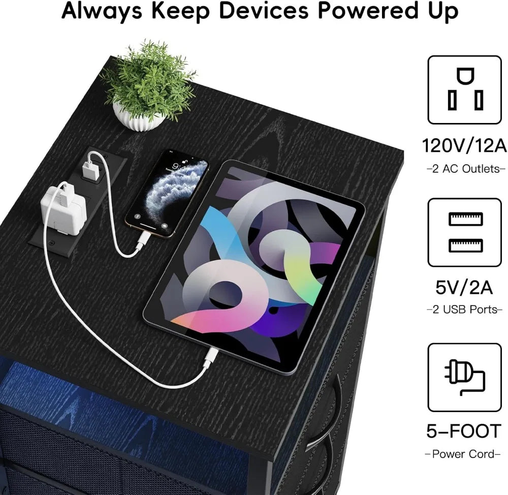LED Nightstand with Charging Station, USB Ports,  Lighting, Black