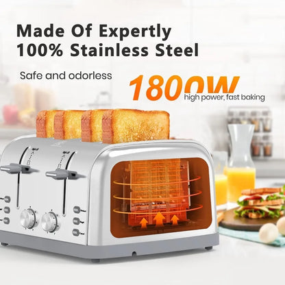 4 Slice Retro Stainless Steel, Toaster Wide Solt with 7 Shade Settings, Waffles, Bagels