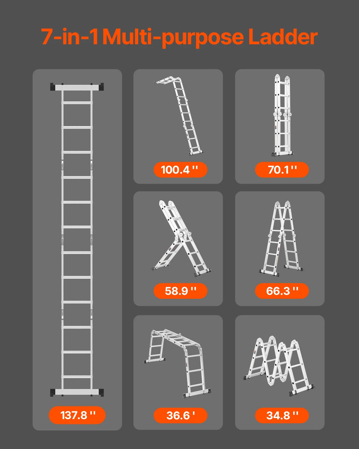 SucceBuy Multi-Purpose Folding Ladder 7-in-1 Tall Step Ladder A Frame Adjustable Telescoping