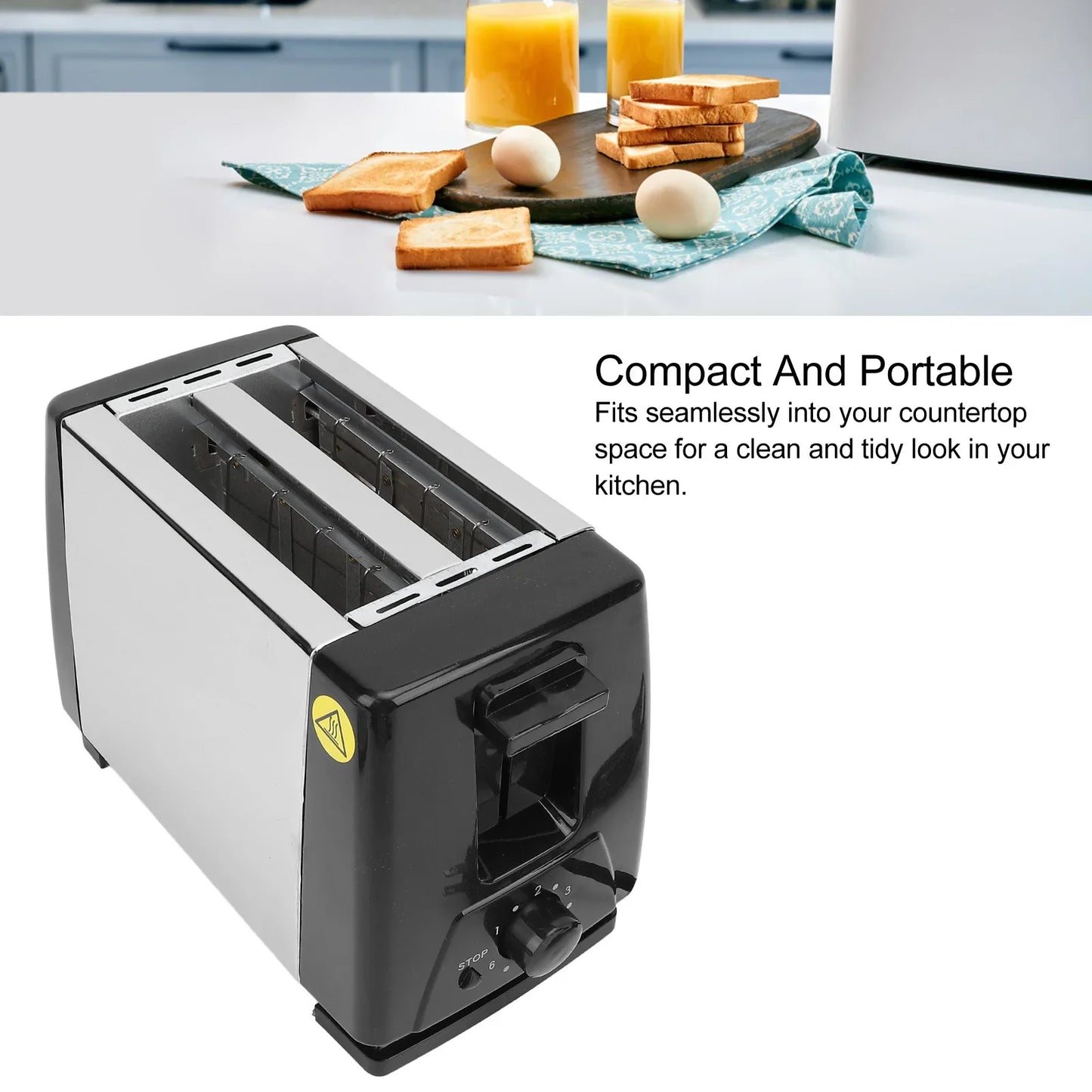Compact Bread  Portable Stainless Steel Wide Slot 2 Slice Toaster