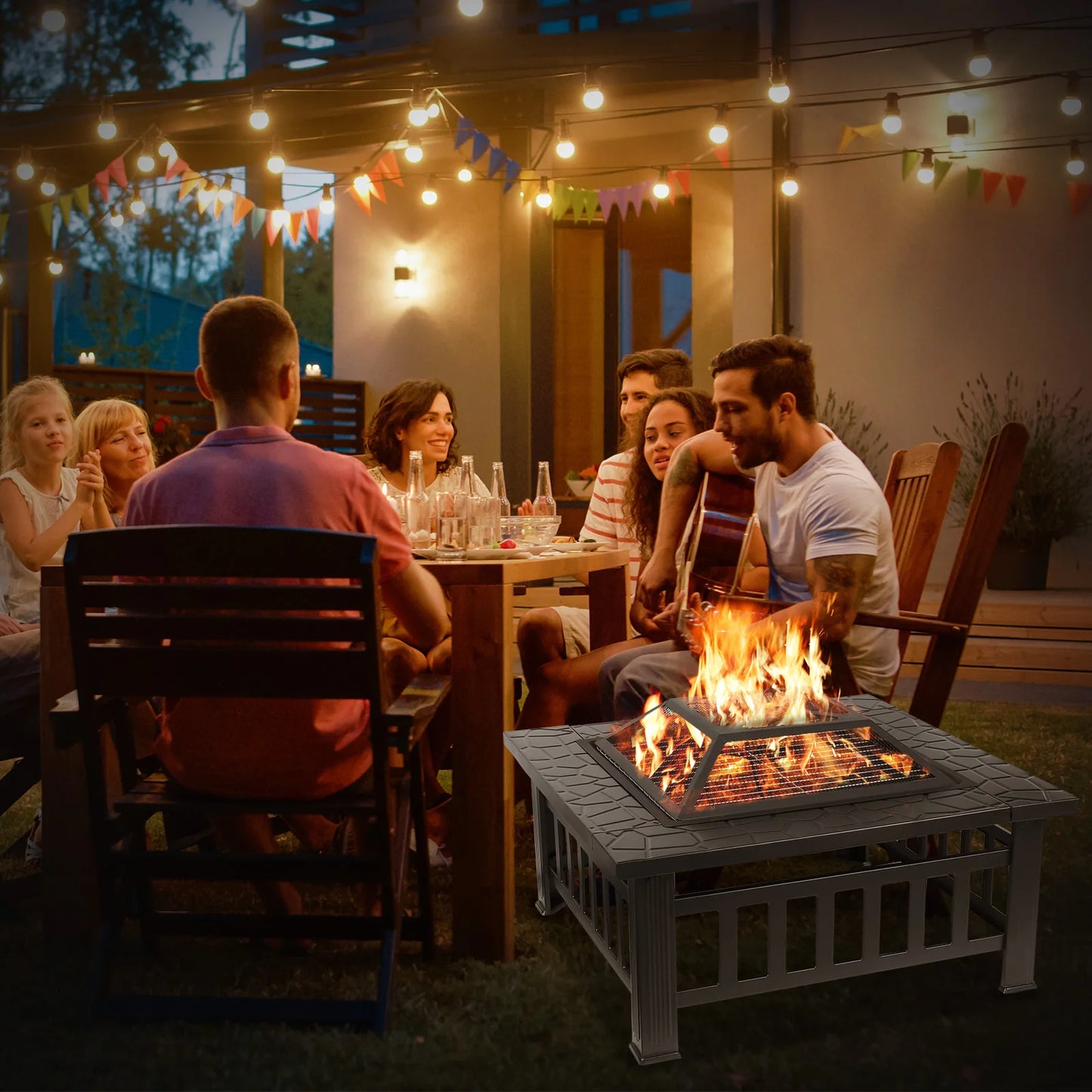 AOOU Steel Fire Pits for Outside, 32'' Square Wood Burning Table Patio BBQ