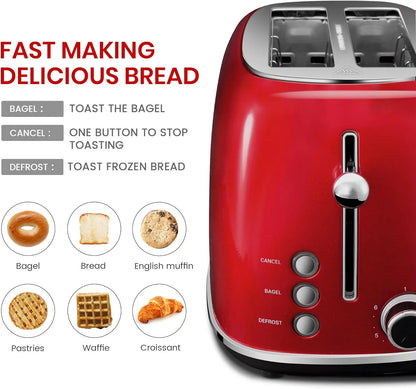2 Slice Toaster Retro Stainless Steel, 6 Shade Settings, Removable Crumb Tray