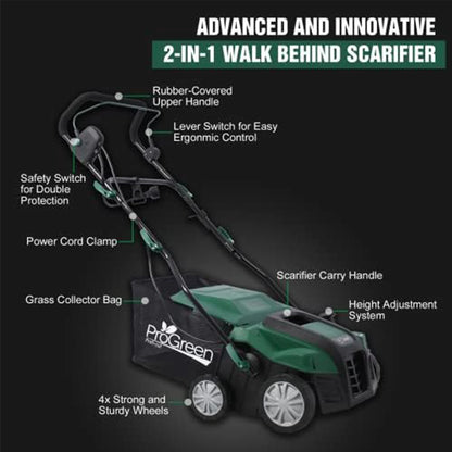 2-in-1 Electric Garden Scarifier & Dethatcher 15AMP Detachable Bag