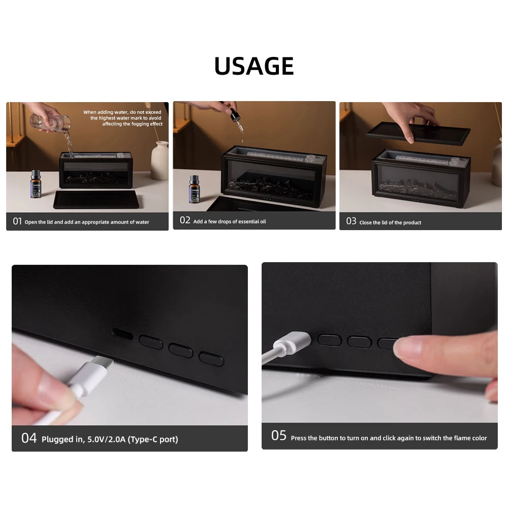 300ml Air Humidifier & Aroma Diffuser with Colorful Fireplace Flame