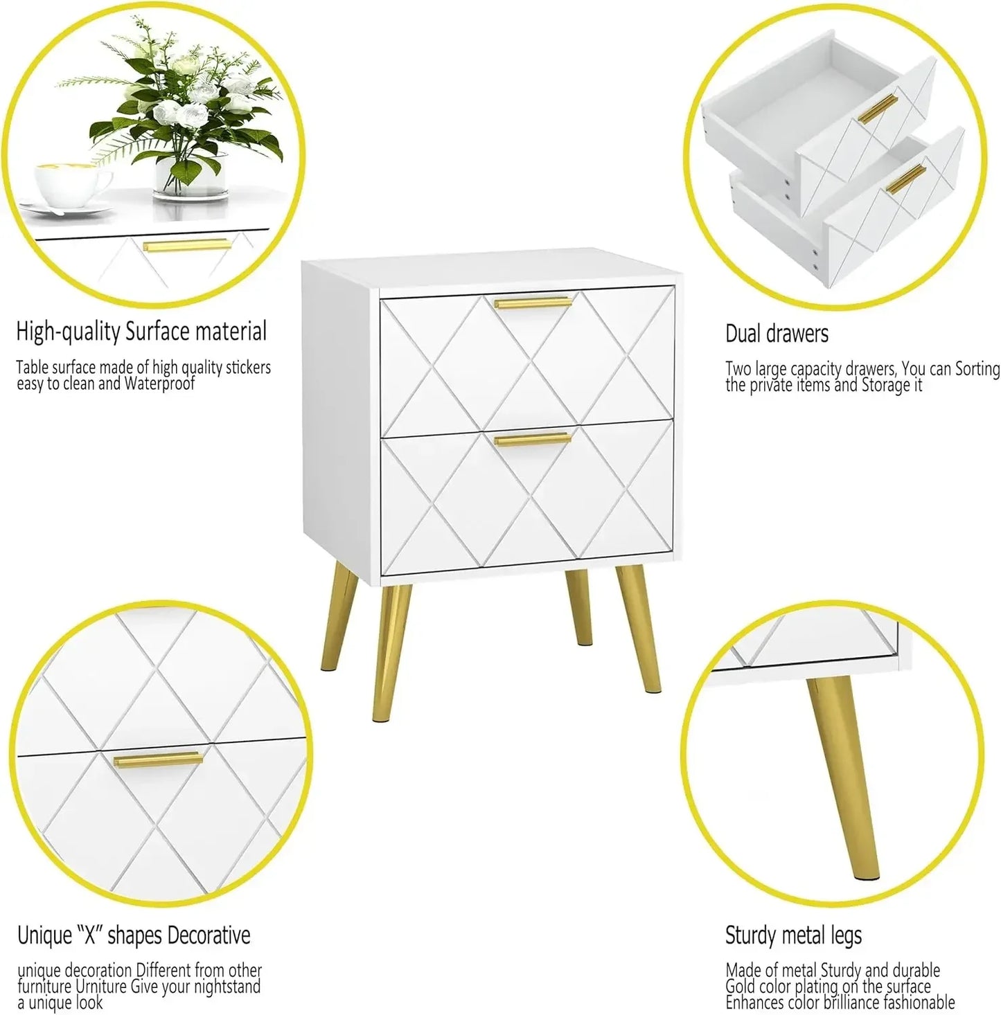 2 Drawers White Bedside Table, with Gold Leg